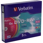 атрица DVD-RW 4.7Gb Verbatim 4X Slim Case (5) COLOR (43563)